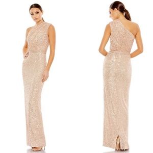 Mac Duggal Sequin One-Shoulder Maxi Dress in Gold